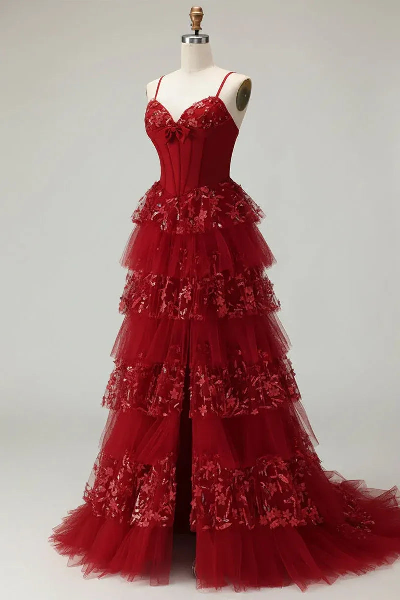 Glamorous Burgundy Spaghetti Strap Tiered Ruffled Lace Ball Gown
