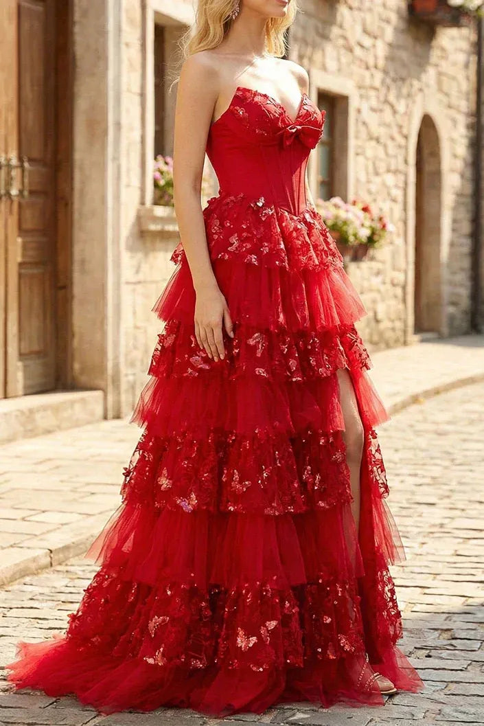 Glamorous Burgundy Spaghetti Strap Tiered Ruffled Lace Ball Gown