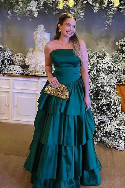 Glamorous Emerald Green Strapless Tiered Ruffled Satin Gown