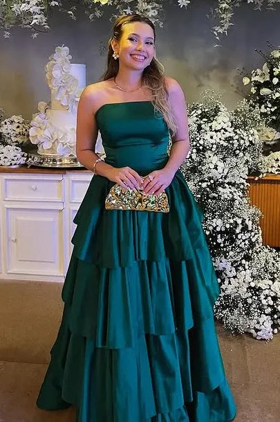 Glamorous Emerald Green Strapless Tiered Ruffled Satin Gown