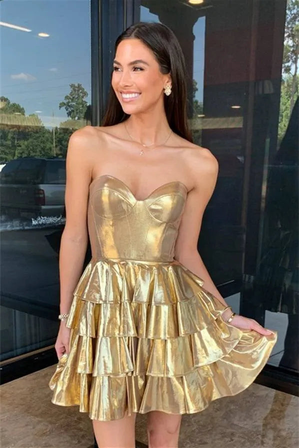 Glamorous Metallic Strapless Tiered Ruffled Mini Homecoming Dress With Corset Bodice