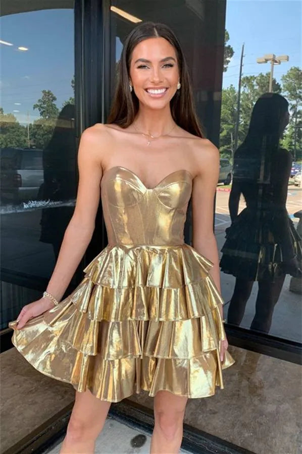 Glamorous Metallic Strapless Tiered Ruffled Mini Homecoming Dress With Corset Bodice