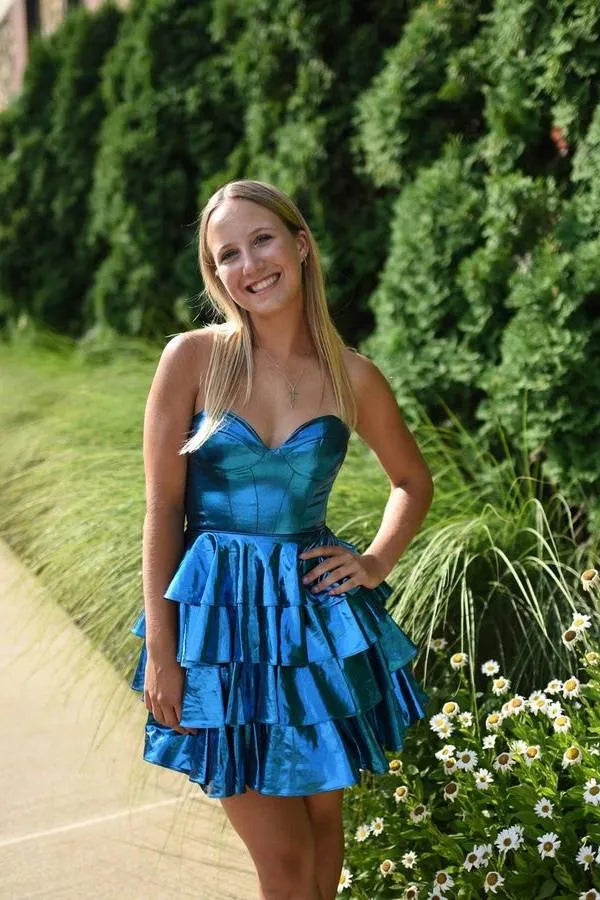 Glamorous Metallic Strapless Tiered Ruffled Mini Homecoming Dress With Corset Bodice