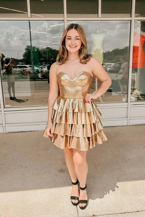 Glamorous Metallic Strapless Tiered Ruffled Mini Homecoming Dress With Corset Bodice