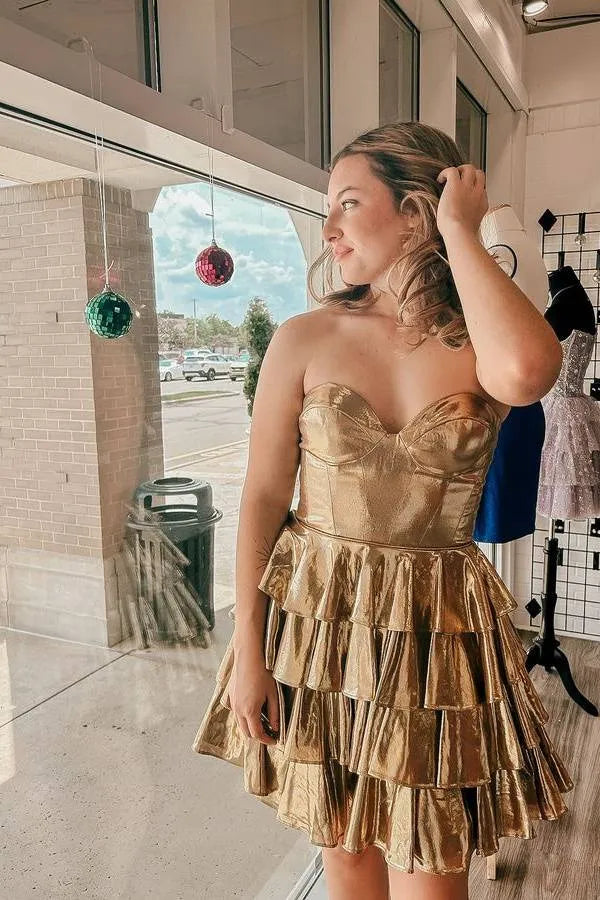 Glamorous Metallic Strapless Tiered Ruffled Mini Homecoming Dress With Corset Bodice