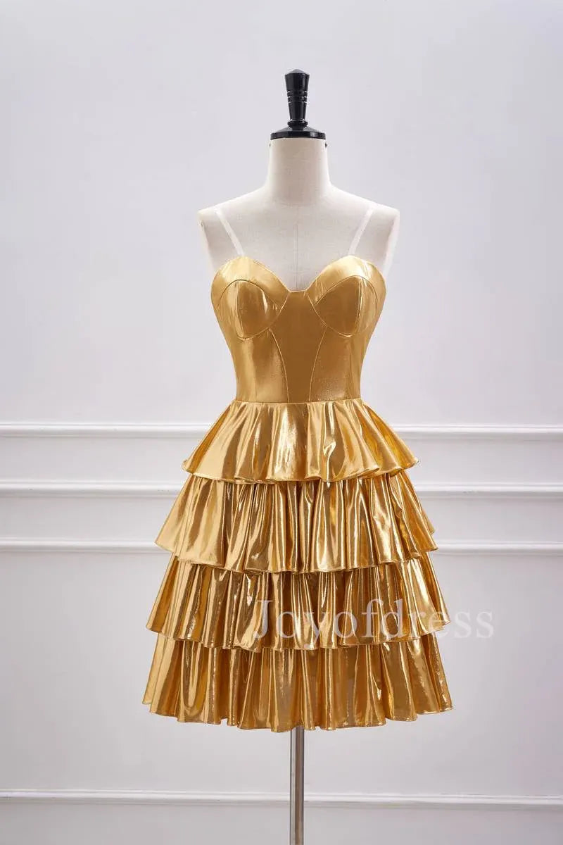 Glamorous Metallic Strapless Tiered Ruffled Mini Homecoming Dress With Corset Bodice