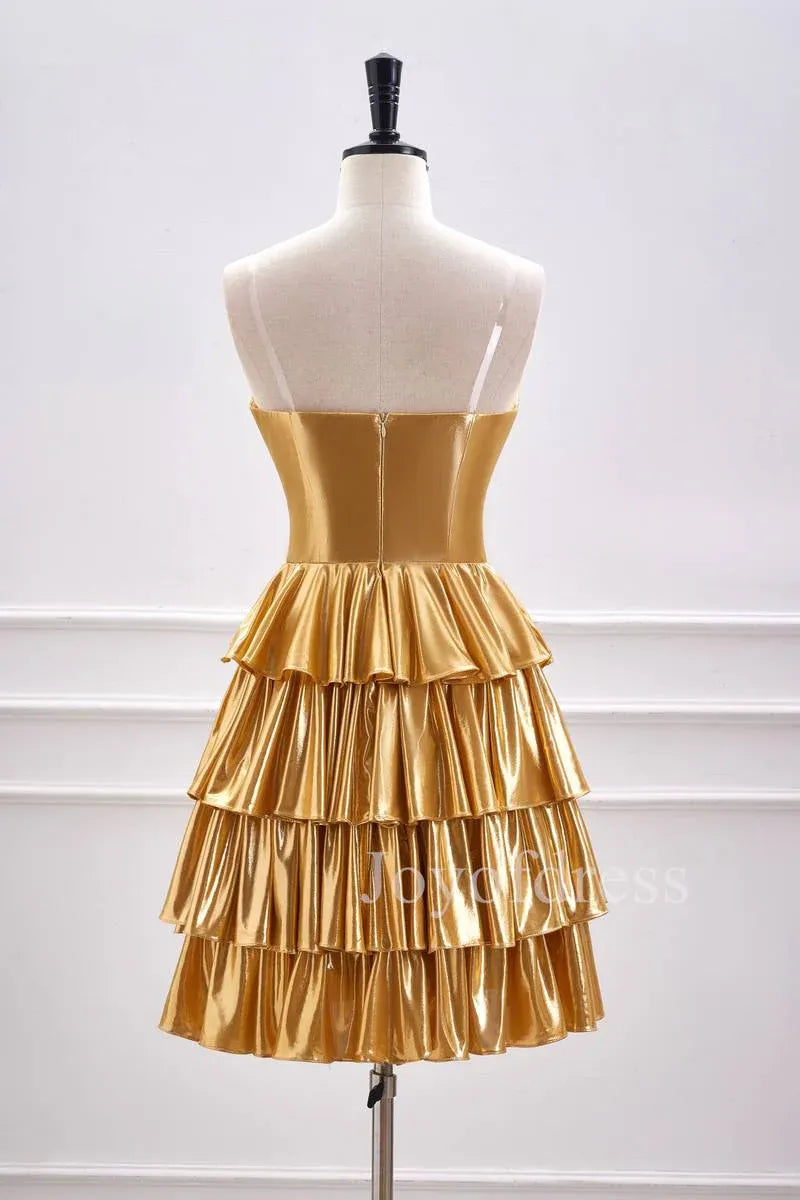 Glamorous Metallic Strapless Tiered Ruffled Mini Homecoming Dress With Corset Bodice