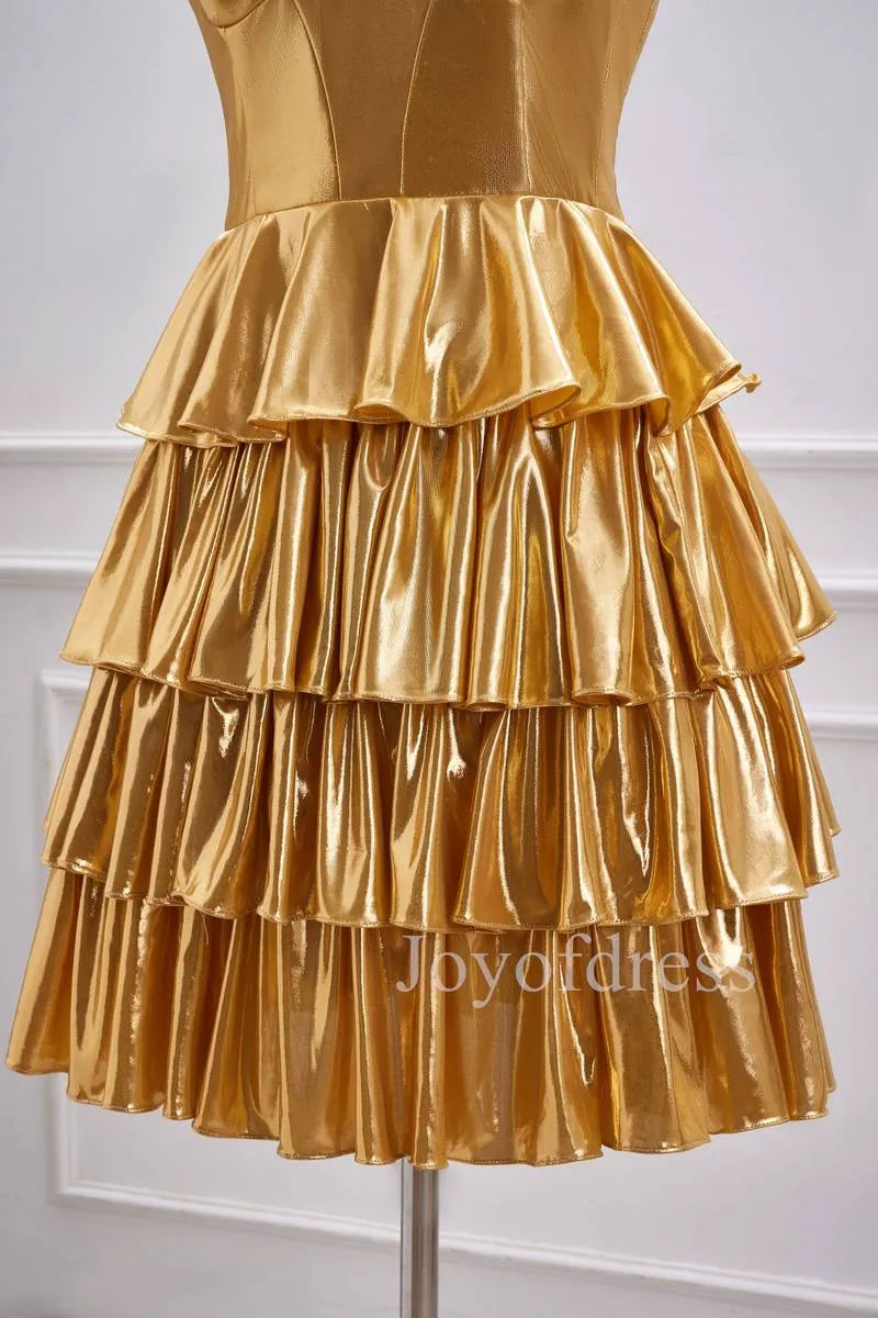 Glamorous Metallic Strapless Tiered Ruffled Mini Homecoming Dress With Corset Bodice