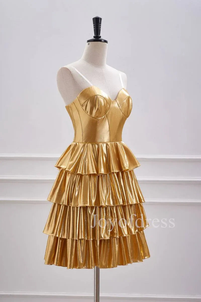 Glamorous Metallic Strapless Tiered Ruffled Mini Homecoming Dress With Corset Bodice