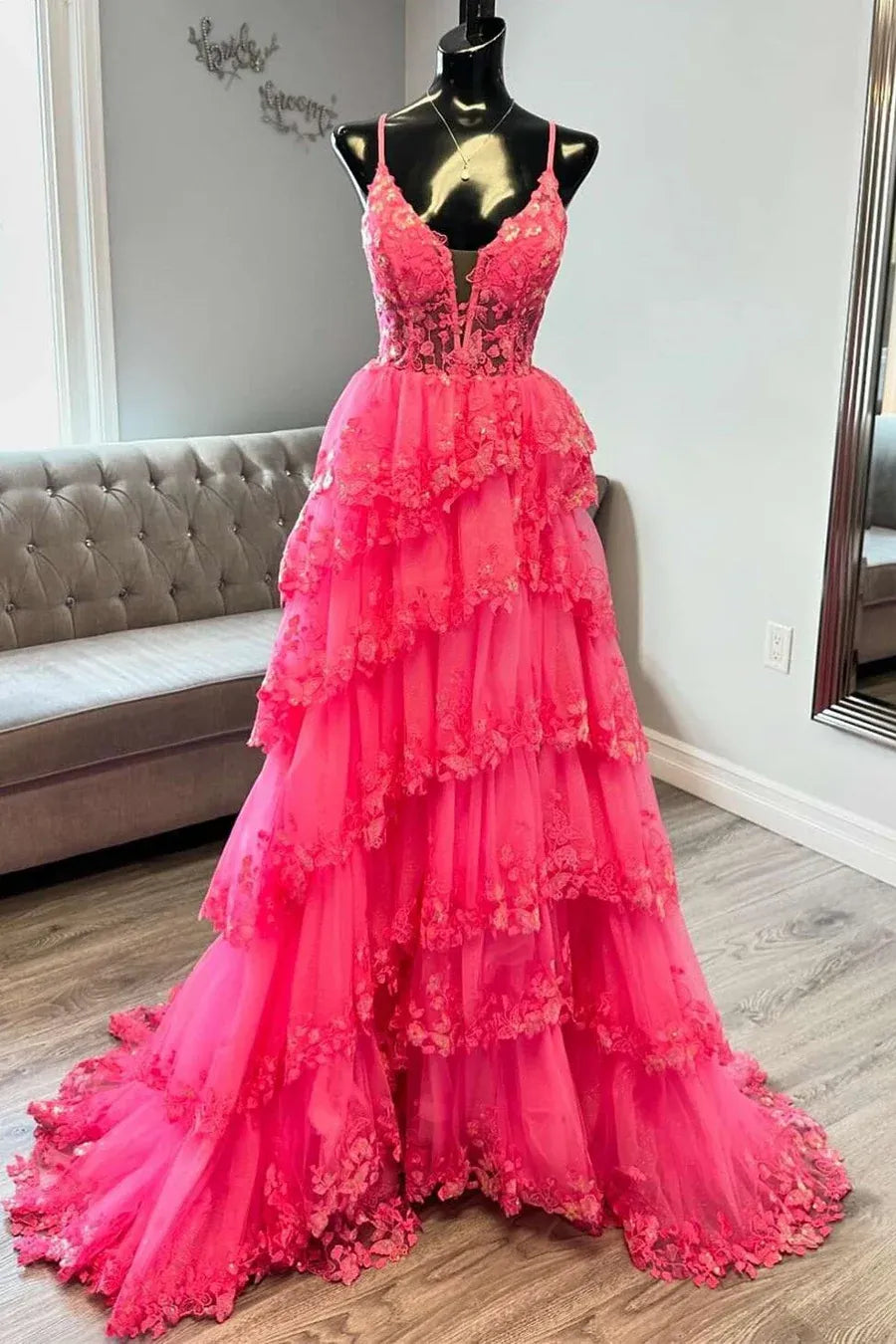 Glamorous Hot Pink Spaghetti Strap Tiered Ruffled Lace Gown With Corset
