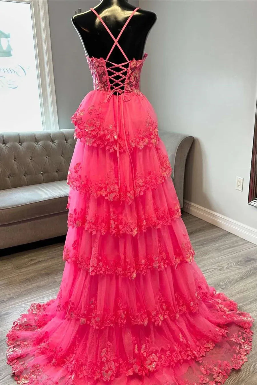 Glamorous Hot Pink Spaghetti Strap Tiered Ruffled Lace Gown With Corset