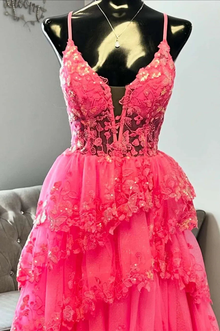 Glamorous Hot Pink Spaghetti Strap Tiered Ruffled Lace Gown With Corset
