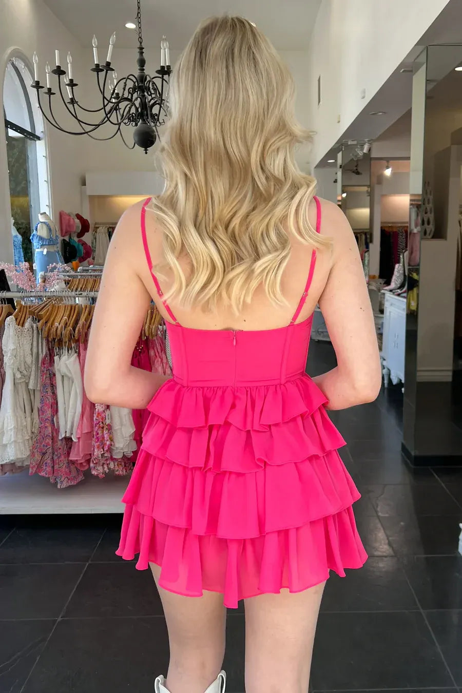 Glamorous Hot Pink Spaghetti Strap Tiered Ruffled Mini Homecoming Dress
