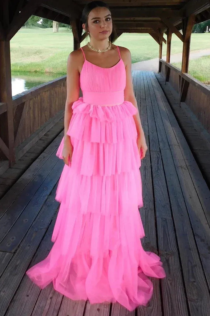 Glamorous Hot Pink Spaghetti Strap Tiered Ruffled Tulle Gown