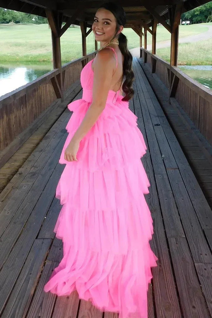 Glamorous Hot Pink Spaghetti Strap Tiered Ruffled Tulle Gown