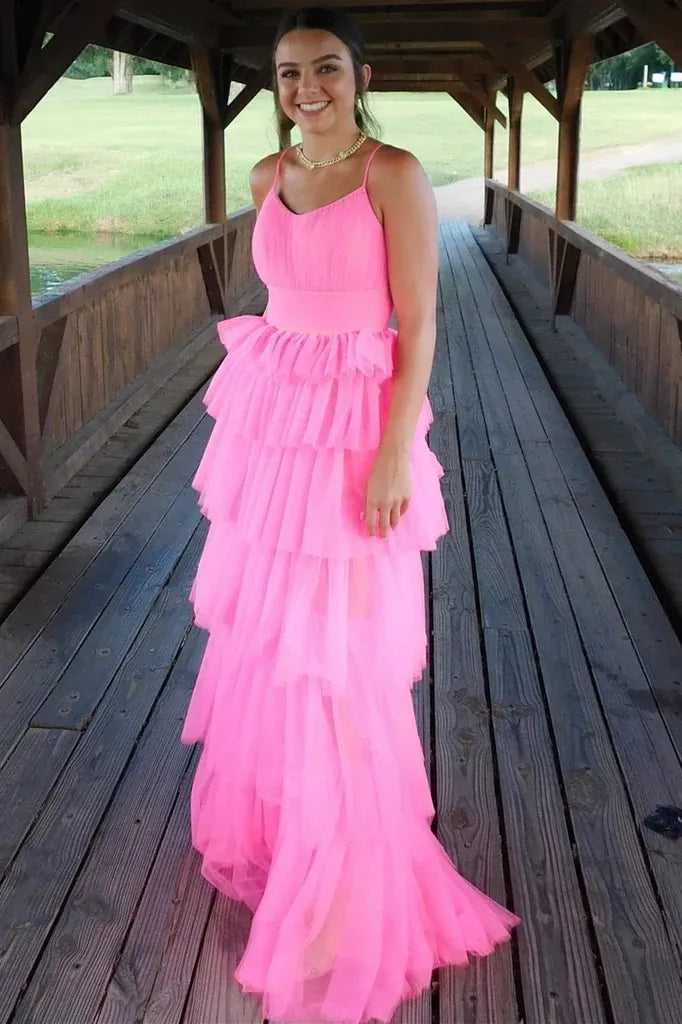 Glamorous Hot Pink Spaghetti Strap Tiered Ruffled Tulle Gown
