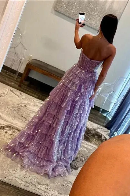 Glamorous Lavender Strapless Tiered Ruffled Glitter Gown With Sheer Corset
