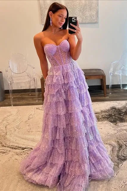 Glamorous Lavender Strapless Tiered Ruffled Glitter Gown With Sheer Corset