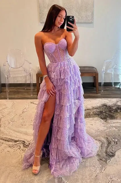 Glamorous Lavender Strapless Tiered Ruffled Glitter Gown With Sheer Corset