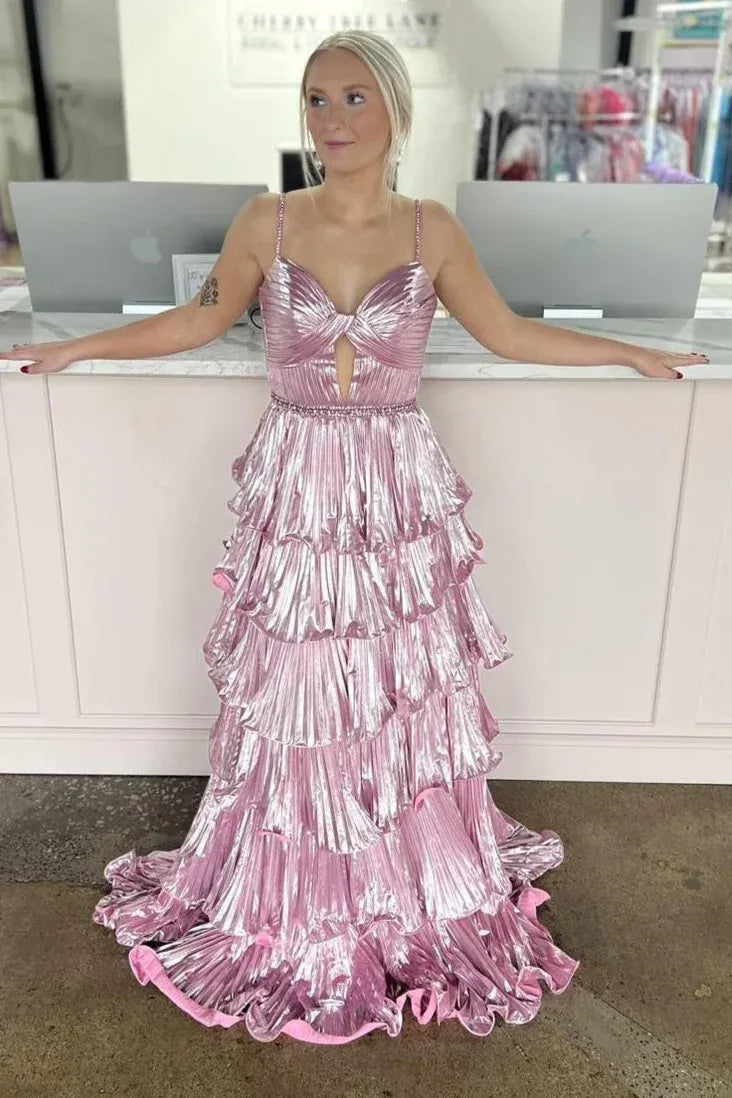 Glamorous Metallic Spaghetti Strap Tiered Ruffled Gown With Cutout
