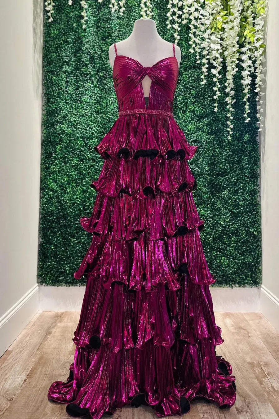Glamorous Metallic Spaghetti Strap Tiered Ruffled Gown With Cutout