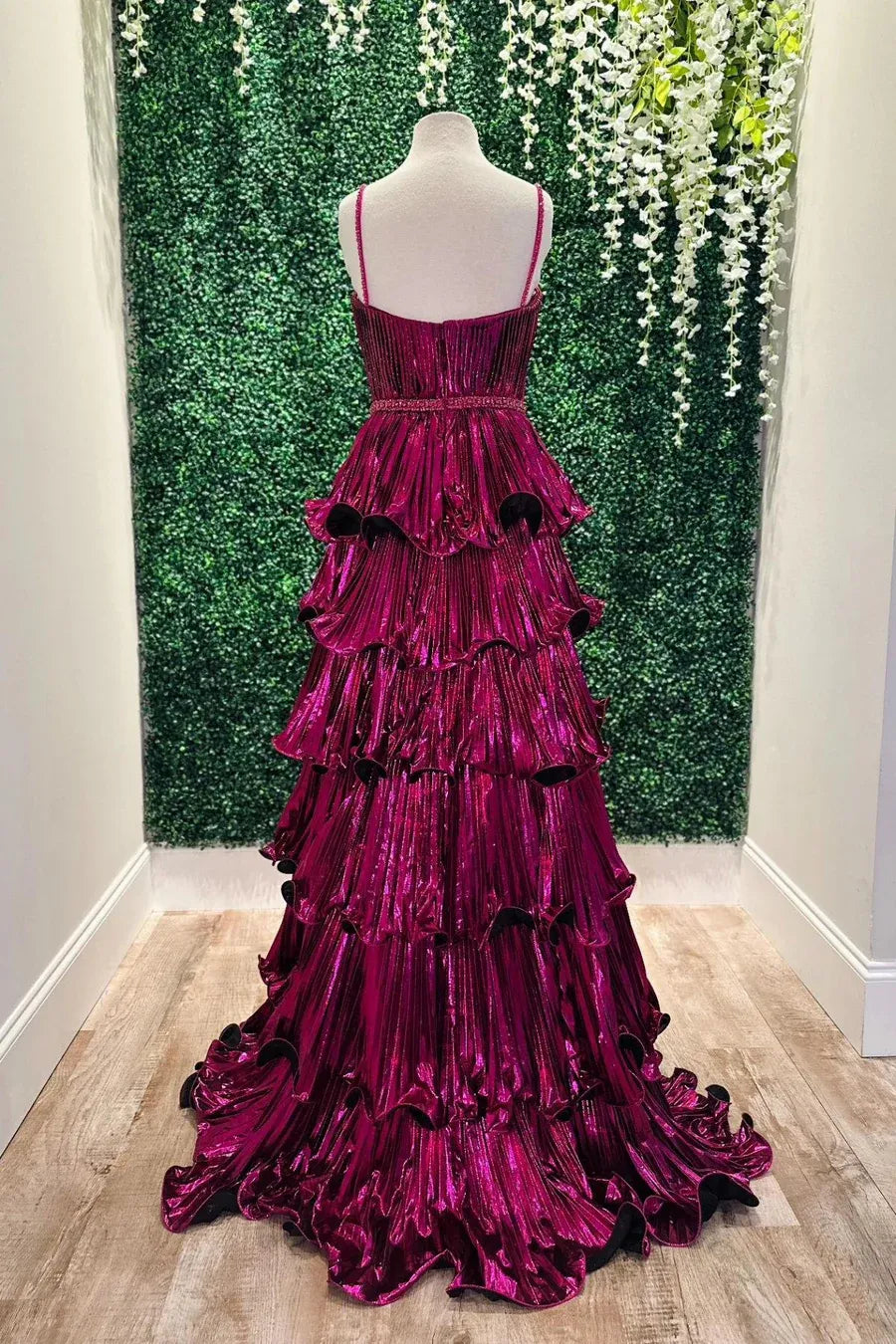 Glamorous Metallic Spaghetti Strap Tiered Ruffled Gown With Cutout