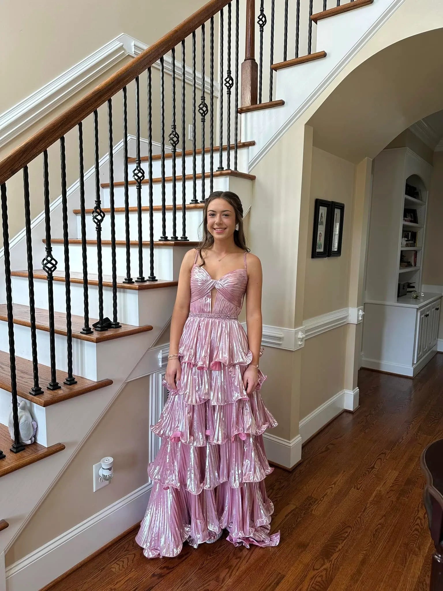 Glamorous Metallic Spaghetti Strap Tiered Ruffled Gown With Cutout