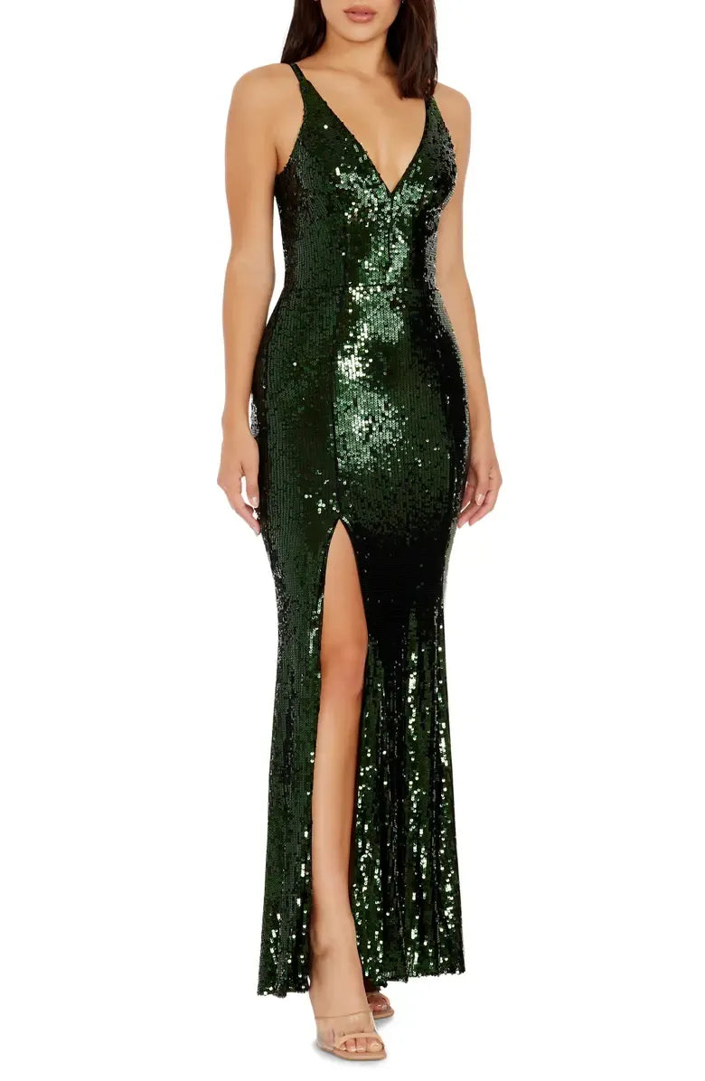 Glamorous Mermaid Deep V-neck Sleeveless Sequin Floor-Length Prom Dress
