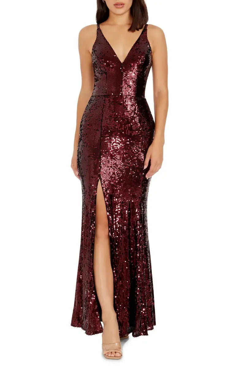 Glamorous Mermaid Deep V-neck Sleeveless Sequin Floor-Length Prom Dress