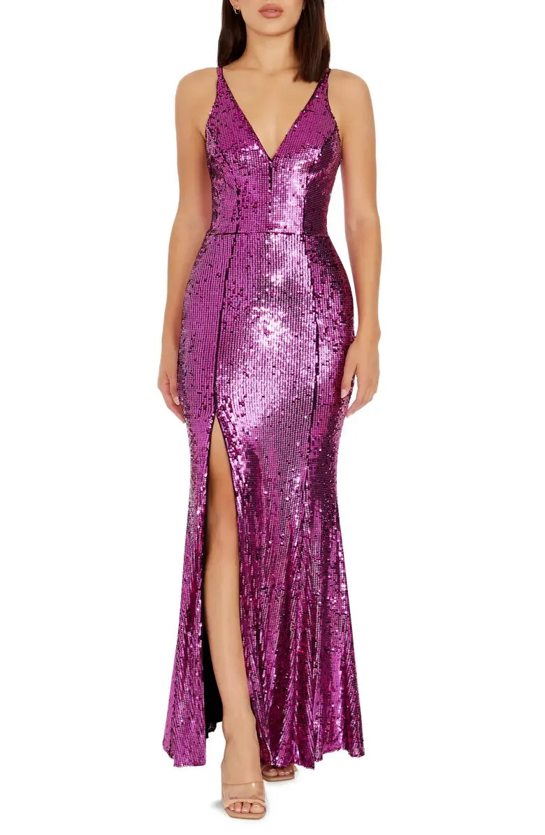 Glamorous Mermaid Deep V-neck Sleeveless Sequin Floor-Length Prom Dress