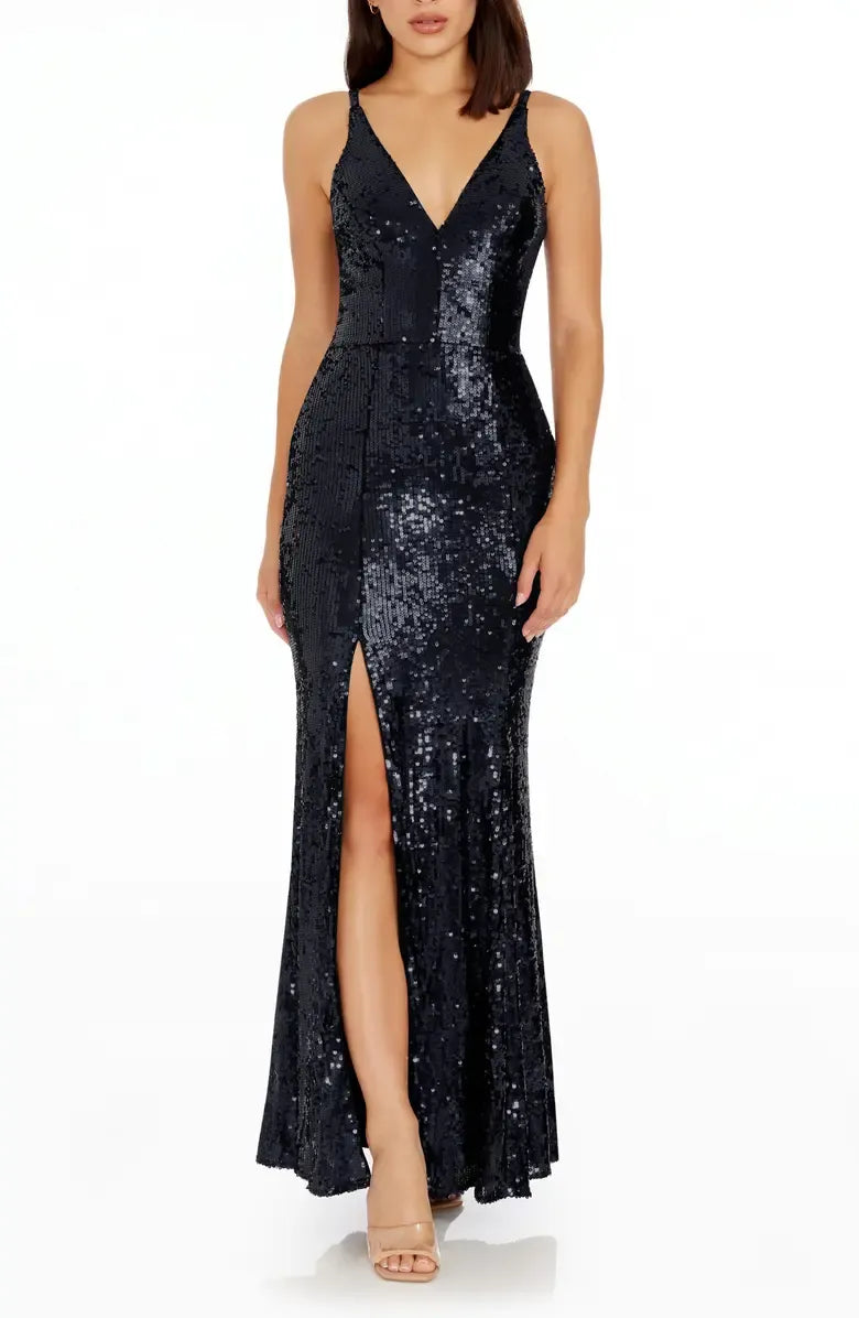Glamorous Mermaid Deep V-neck Sleeveless Sequin Floor-Length Prom Dress