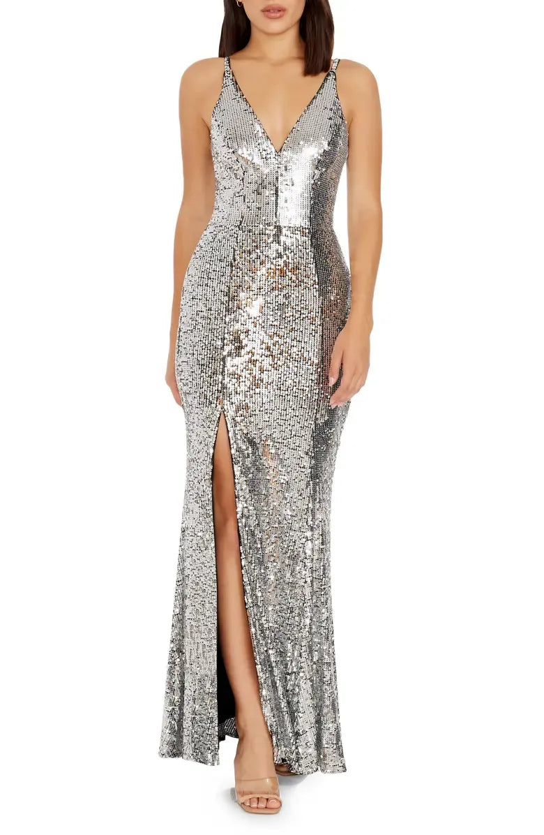 Glamorous Mermaid Deep V-neck Sleeveless Sequin Floor-Length Prom Dress