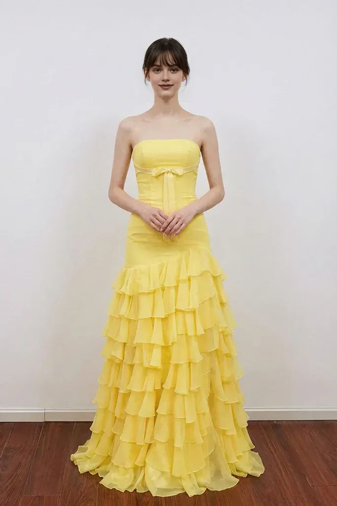 Glamorous Mermaid Empire Strapless Tiered Ruffle Chiffon Prom Gown