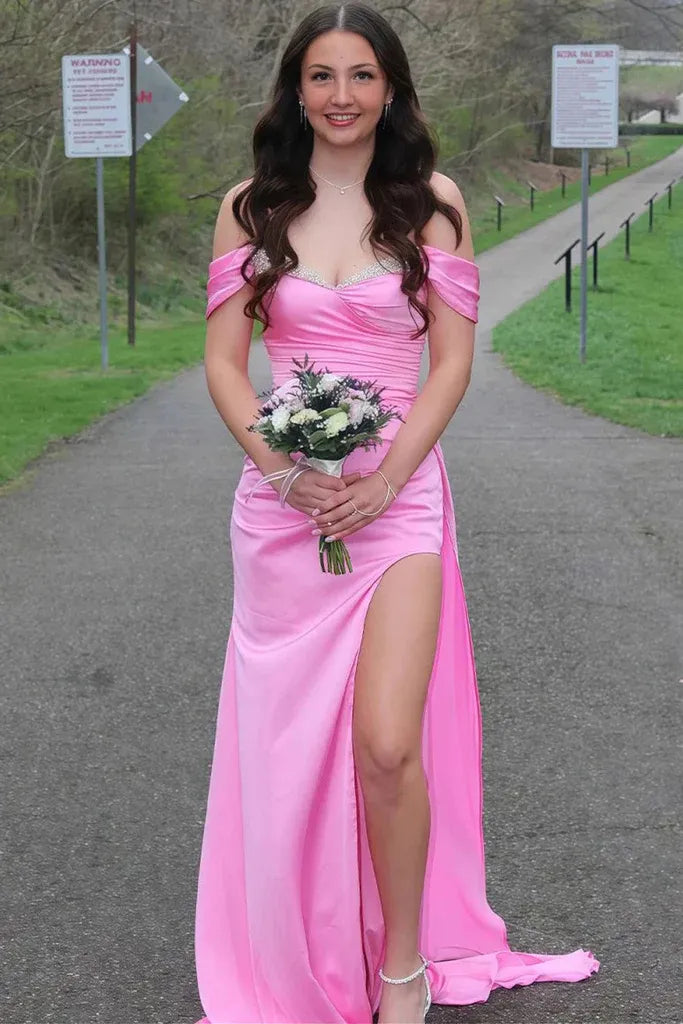 Glamorous Mermaid Off Shoulder Beaded Lace-up Slit Satin Prom Gown