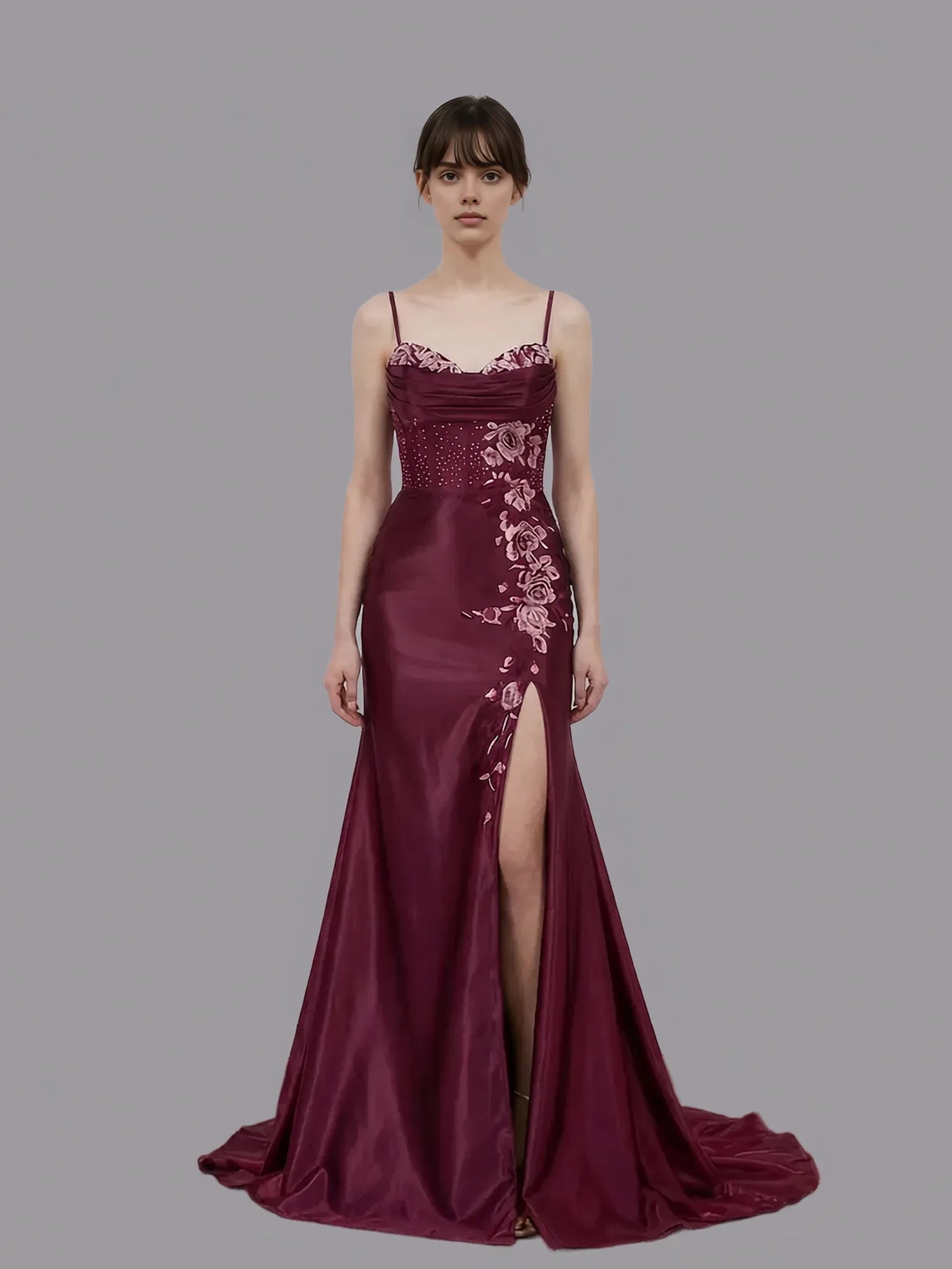 Glamorous Mermaid Spaghetti Strap Lace-up Embroidered Satin Prom Gown