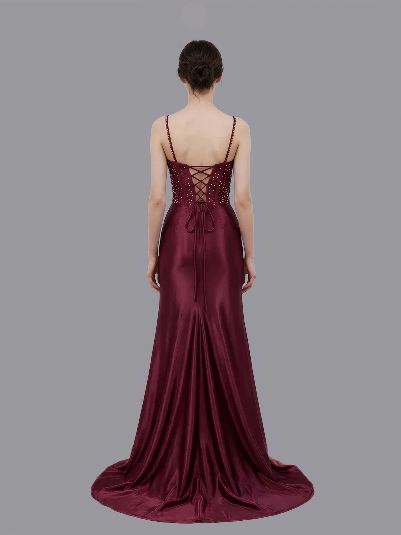 Glamorous Mermaid Spaghetti Strap Lace-up Embroidered Satin Prom Gown