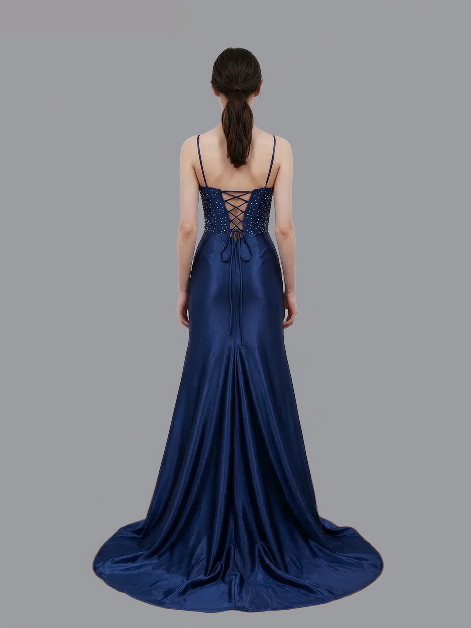 Glamorous Mermaid Spaghetti Strap Lace-up Embroidered Satin Prom Gown