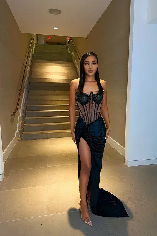 Glamorous Mermaid Sweetheart Sleeveless Satin Split Sweep Train Prom Dress