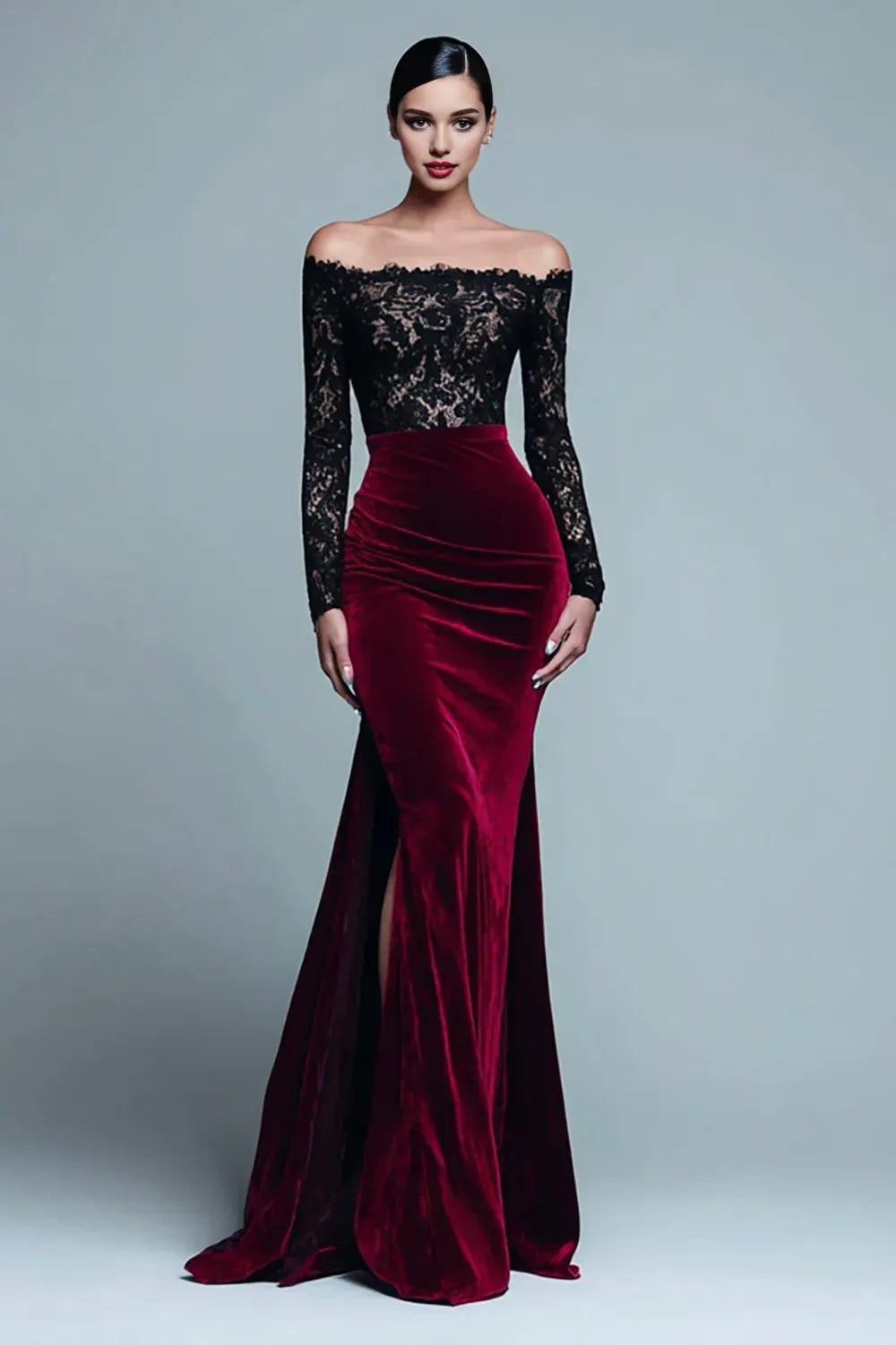 Glamorous Mermaid/Trumpet Off the Shoulder Long Sleeve Velvet Sweep/Brush Train Prom Dress
