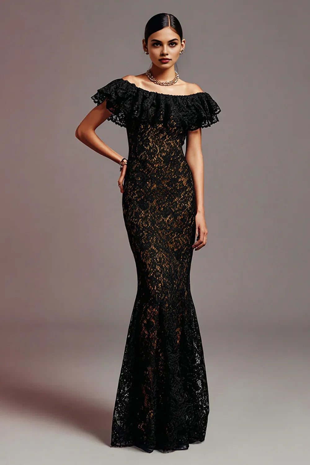 Glamorous Mermaid/Trumpet Off the Shoulder Ruffles Sleeve Lace Floor-Length Prom Dress