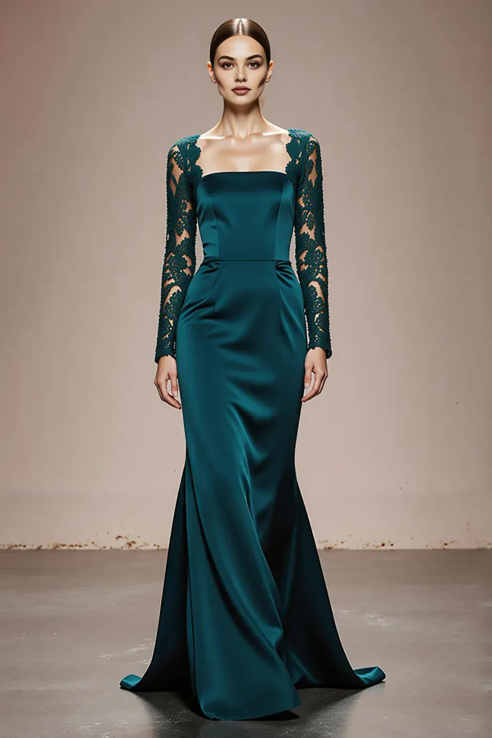 Glamorous Mermaid/Trumpet Square Neck Lace Sleeves Satin Sweep/Brush Train Prom Dress