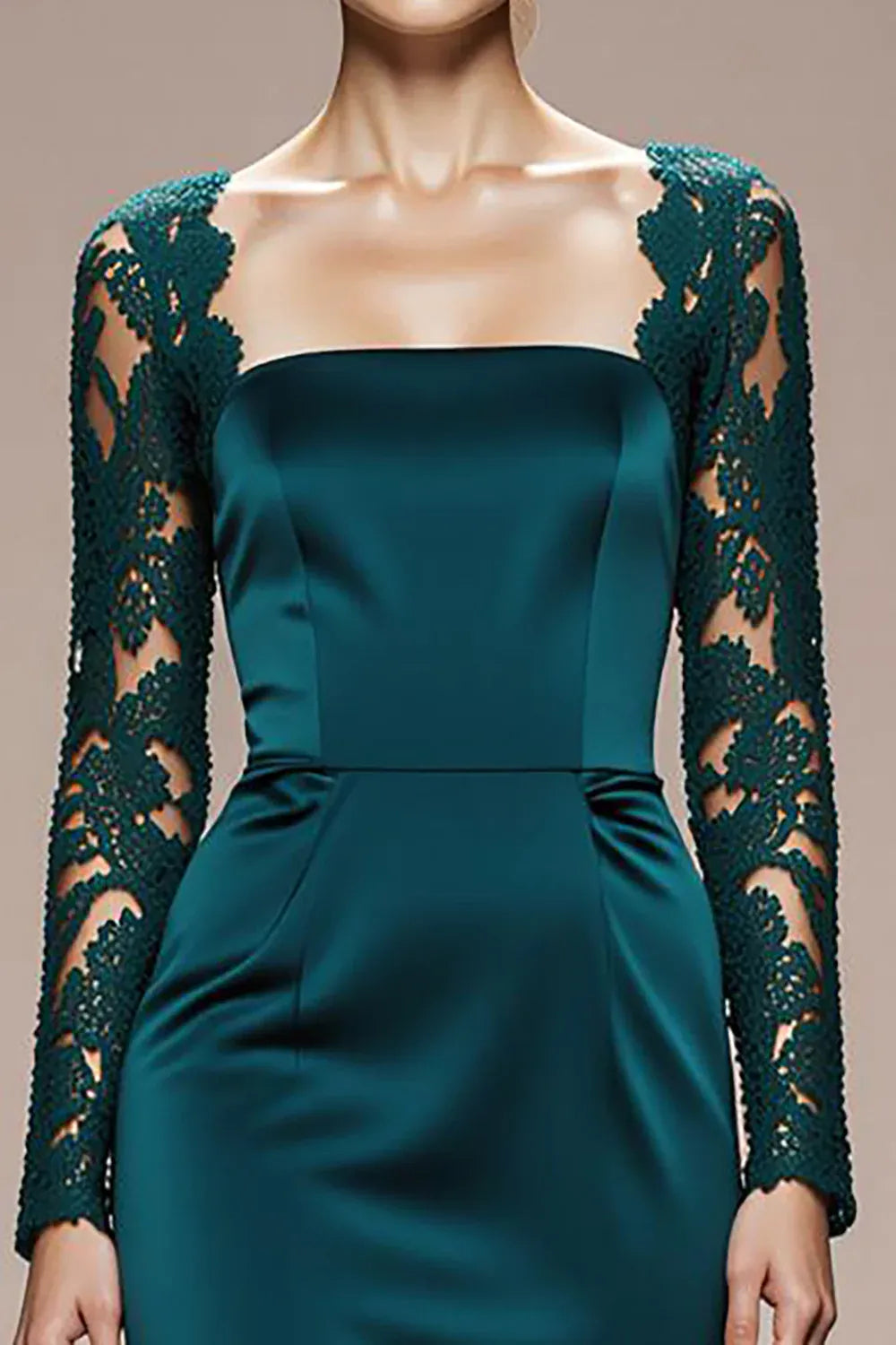 Glamorous Mermaid/Trumpet Square Neck Lace Sleeves Satin Sweep/Brush Train Prom Dress