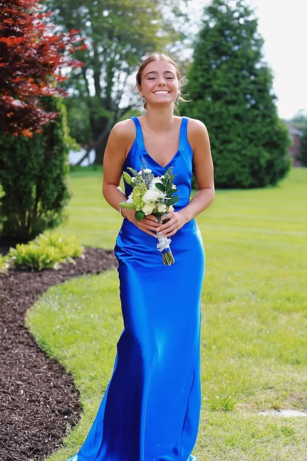 Glamorous Mermaid V-neck Crisscross Back Floor Length Satin Prom Dress