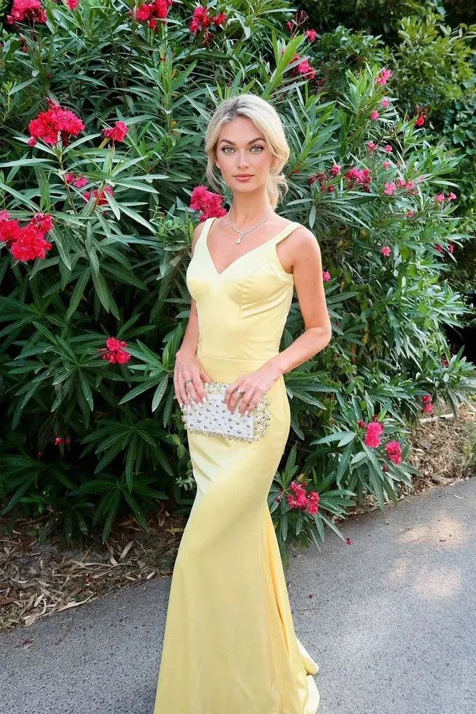 Glamorous Mermaid V-neck Crisscross Back Floor Length Satin Prom Dress