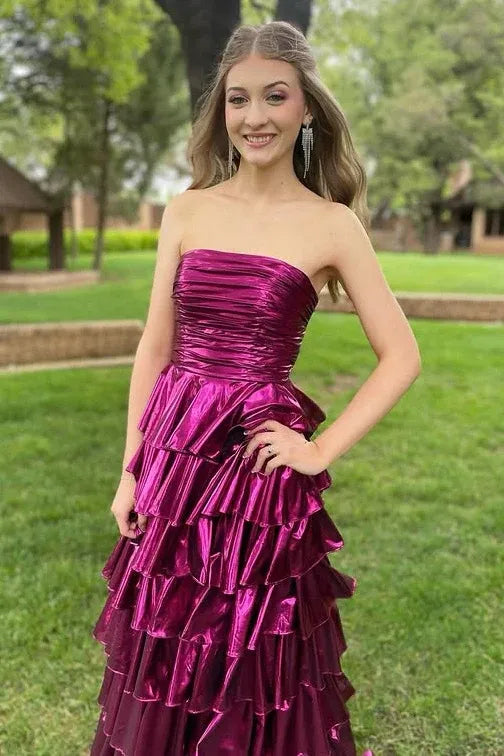 Glamorous Metallic Strapless Tiered Ruffled Gown With Lace-Up Back