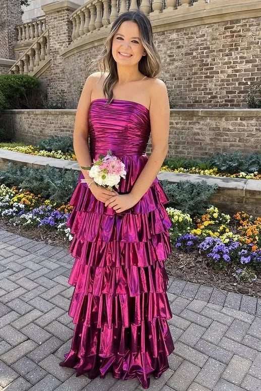 Glamorous Metallic Strapless Tiered Ruffled Gown With Lace-Up Back