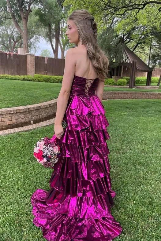 Glamorous Metallic Strapless Tiered Ruffled Gown With Lace-Up Back