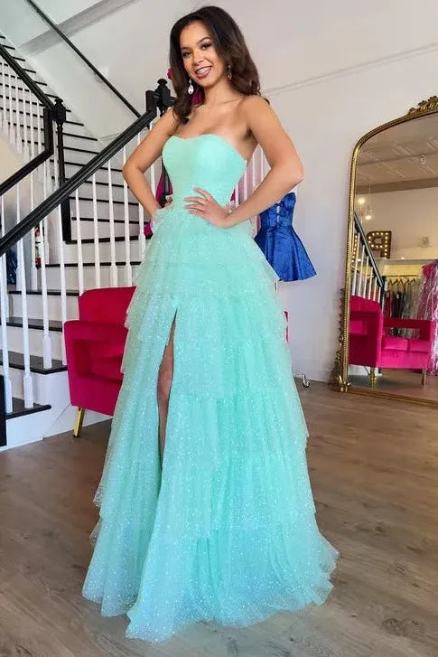 Glamorous Mint Green Strapless Tiered Ruffled Glitter Gown With Slit