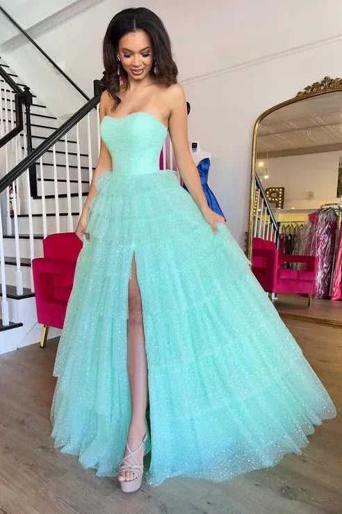 Glamorous Mint Green Strapless Tiered Ruffled Glitter Gown With Slit