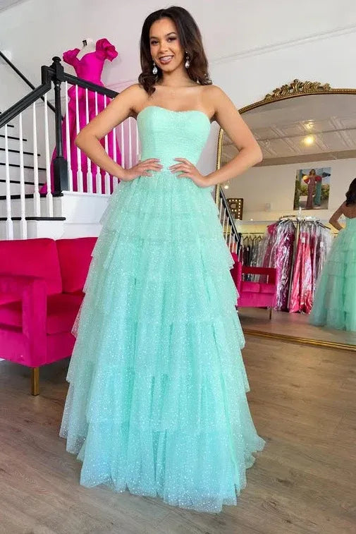 Glamorous Mint Green Strapless Tiered Ruffled Glitter Gown With Slit